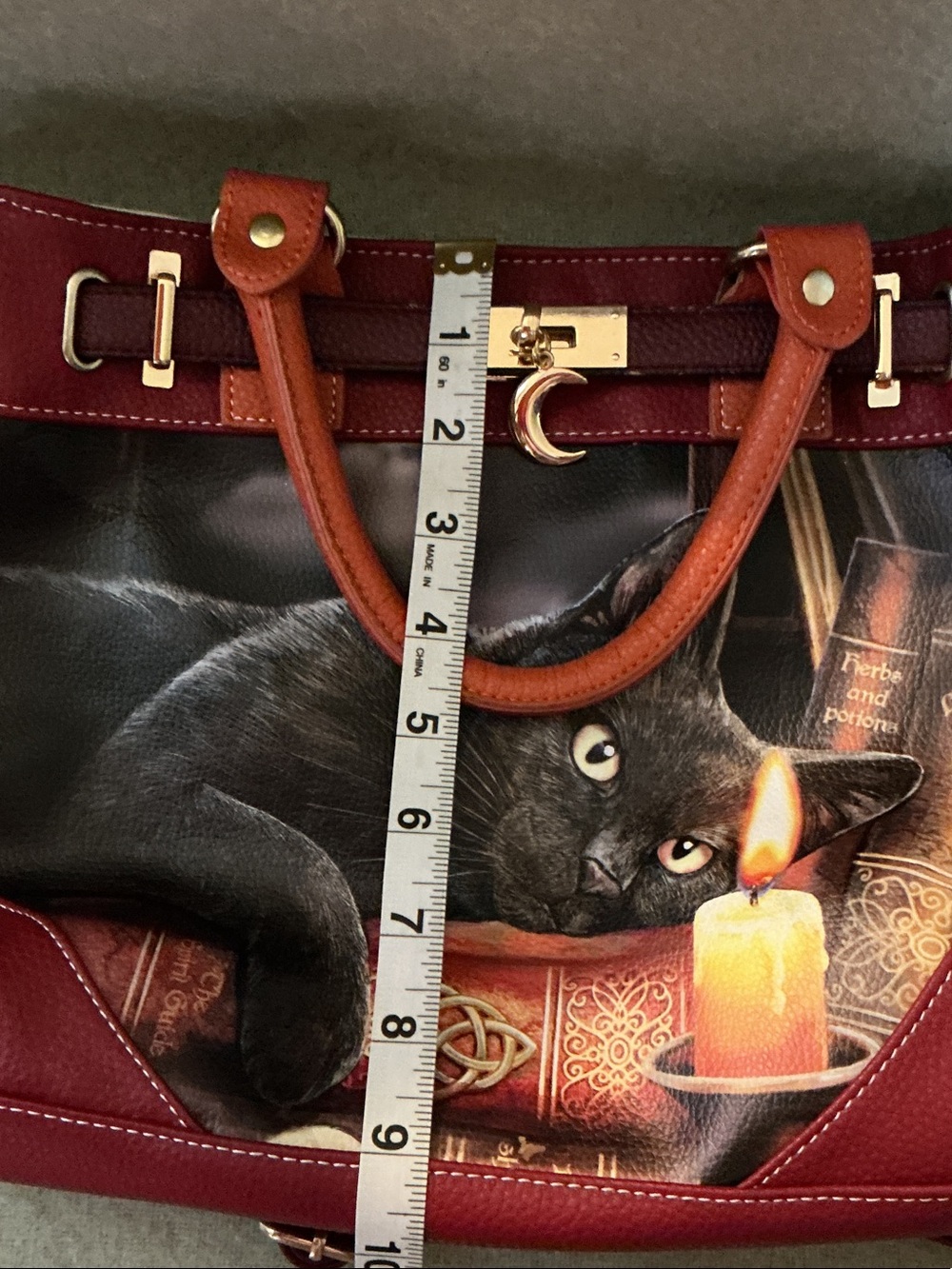 The Bradford Exchange Black Cat Satchel in Burgundy, Orange and Cream - Picture 7 of 9